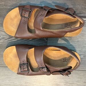 SAS Brown Leather Sandals with Buckle Detail